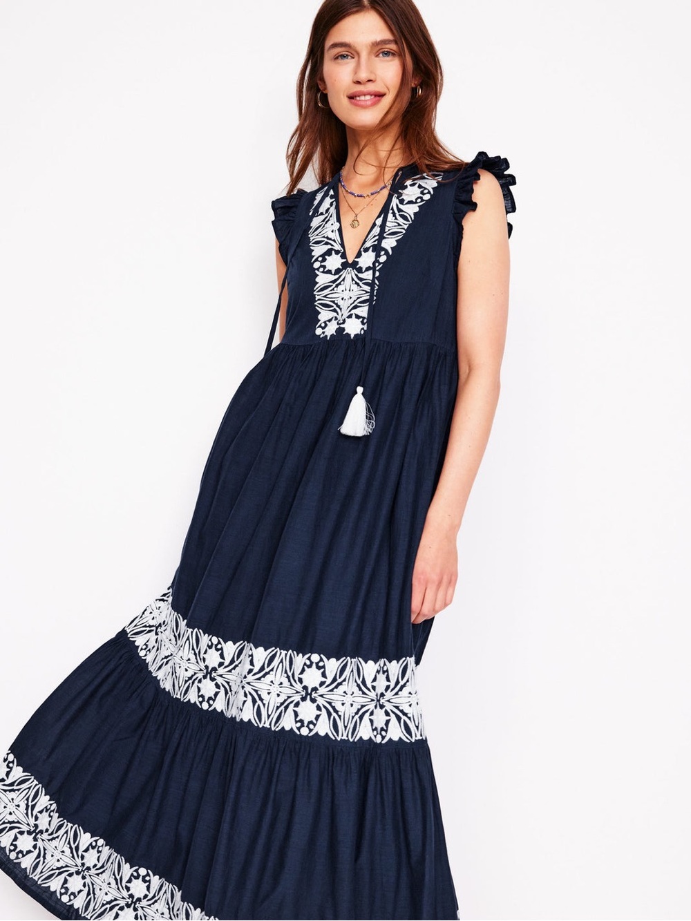 Boden Tie Neck Tiered Maxi Dress Size 6 Navy White Embroidered - Picture 4 of 15